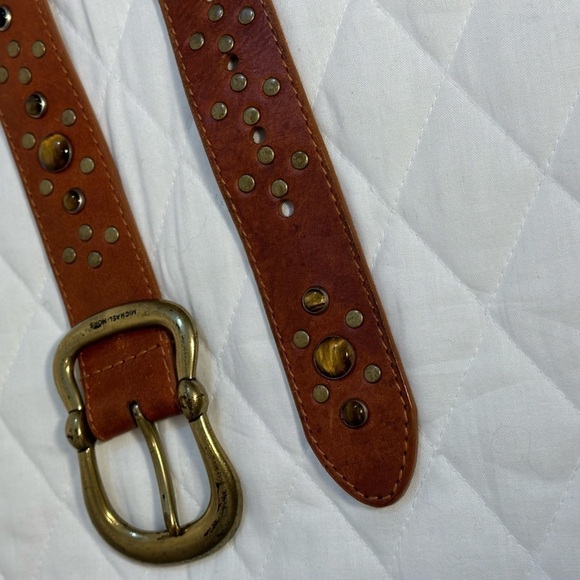 Michael Kors Brown Boho Wide Genuine Leather Beaded Studded Belt Buckle Size L - Picture 3 of 12